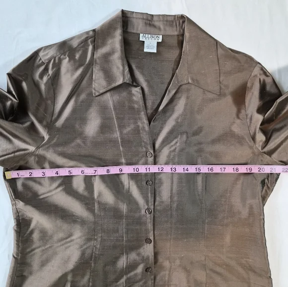 Allion Taylor Gold Silk Satin Band Collar V-Neck Blouse - Long Sleeve - Picture 3 of 7
